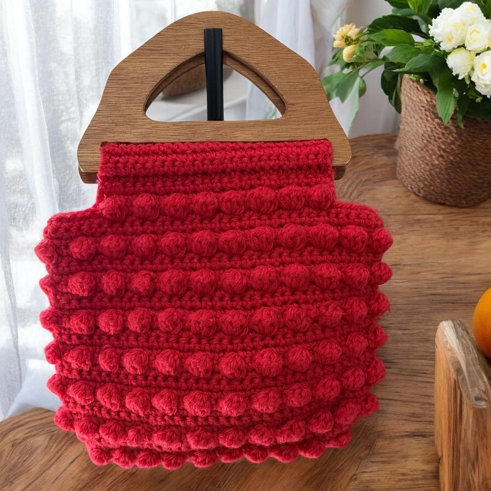 Handmade Red Crochet Bobble Bag Wooden Handle Cottagecore Boho Statement Purse